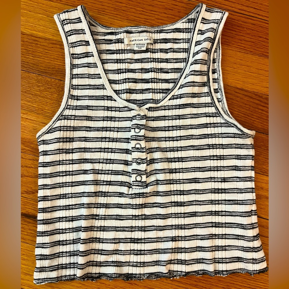 American Eagle black and white stripped tank